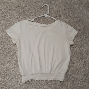 Pure White Basic Cropped T-Shirt Blouse, Ruched Waist, Ruffle Edge